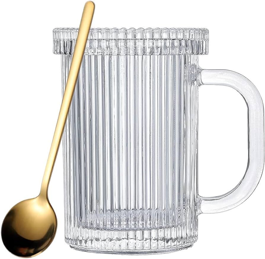 11 oz Vintage Ribbed Clear Glass Coffee Mugs- Classic Vertical Stripes Coffee Cup with Glass Lid for | Amazon (US)