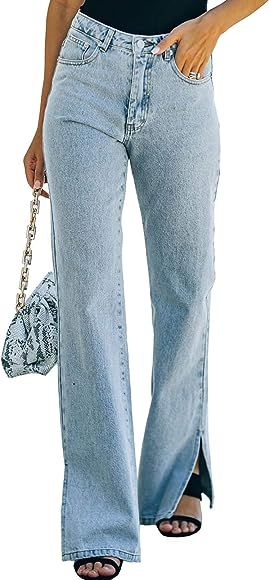 SIDEFEEL Women Mid Rise Distressed Flare Wide Leg Jeans Ripped Hole Denim Pants | Amazon (CA)