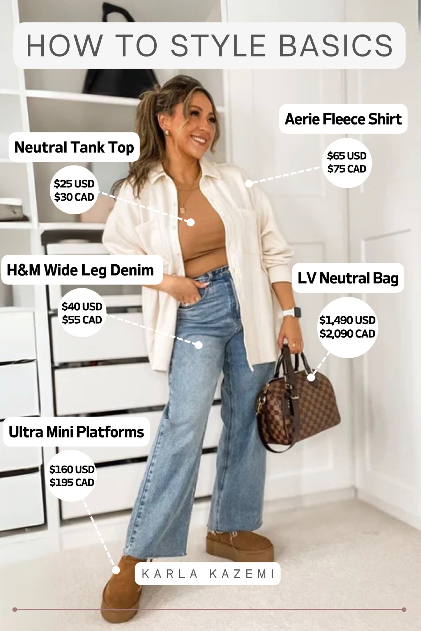Fix all your styling problems by doing this one thing🙈
Start building your dream closet with ✨BASICS✨
It’s so exciting to buy trending items because they’re so fun and cute and all the things. However, they often leave you feeling like you have nothing to wear, even when you have a closet full of clothes…guilty on this one😅 
I’m finding my style as a mama of 3 and starting with the basics. This is a series I’m so excited to share with you! I’ve started by sharing videos, but here I breakdown outfit formulas that work and basics that are wearable from dropping kiddos off at school, to working at home, and dressing pieces up to fit a nicer occasion. 
Here I’m breaking down how to Ultra Mini Platform Uggs with some basic neutral colours pieces💕

OUTFIT BREAKDOWN:
💫 Aerie Fleece Shirt, size medium. Runs large.
💫 Neutral Ribbed Tank Top, Medium.
💫 Wide leg Denim
💫 Ultra Mini Platform UGG’s. 
💫 Designer neutral crossbody bag🫶 or any neutral bag✨

❤️Let’s go on this journey  and build our dream wardrobes together ❤️







Affordable fashion, basics, Fall basics, winter basics, Fall outfit, winter outfit, midsize outfit, outfit formula, outfit idea, casual thanksgiving outfit, casual midsize holiday outfit, how to style ultra mini platform UGGs, how to style fleece shirt, how to style shacket, how to style wide leg denim, elevated fashion chic style, elevated chic, classic style, easy outfit, mom outfit, that girl outfit, holiday gift idea, Karla Kazemi, Latina. 

#LTKmidsize #LTKstyletip #LTKfindsunder100