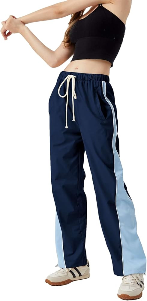 Lingjiazi Women's Parachute Pants Y2K Elastic Drawstring Baggy Track Pants Jogger Sweatpants | Amazon (US)