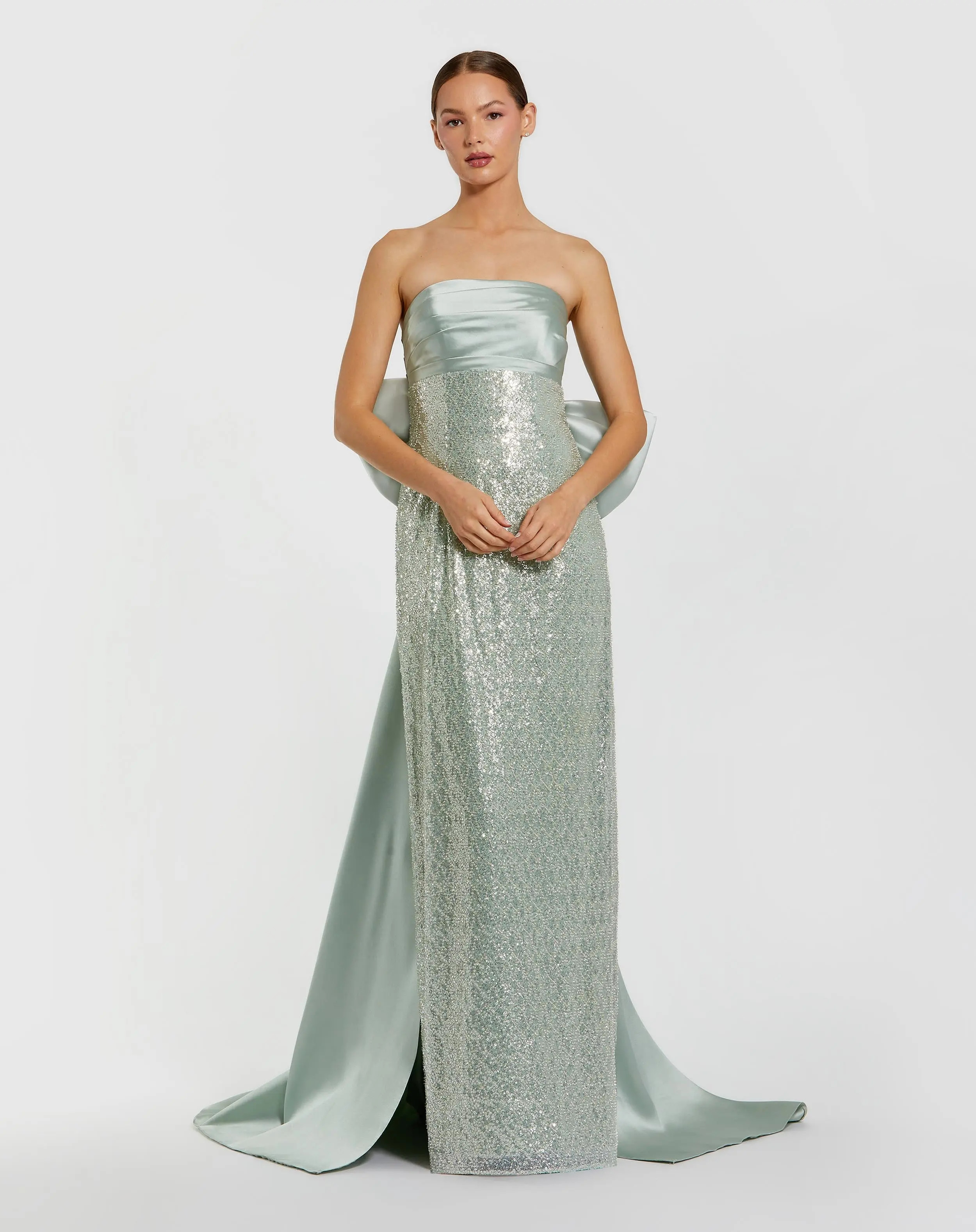 Green Strapless Embellished Gown With Back Bow Detail | Mac Duggal | Mac Duggal