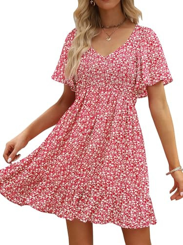 UEAL Sun Dresses for Women 2025 Red Bohemian Skater Dresses for Women Summer Casual XX-Large Burgundy Floral | Amazon (US)