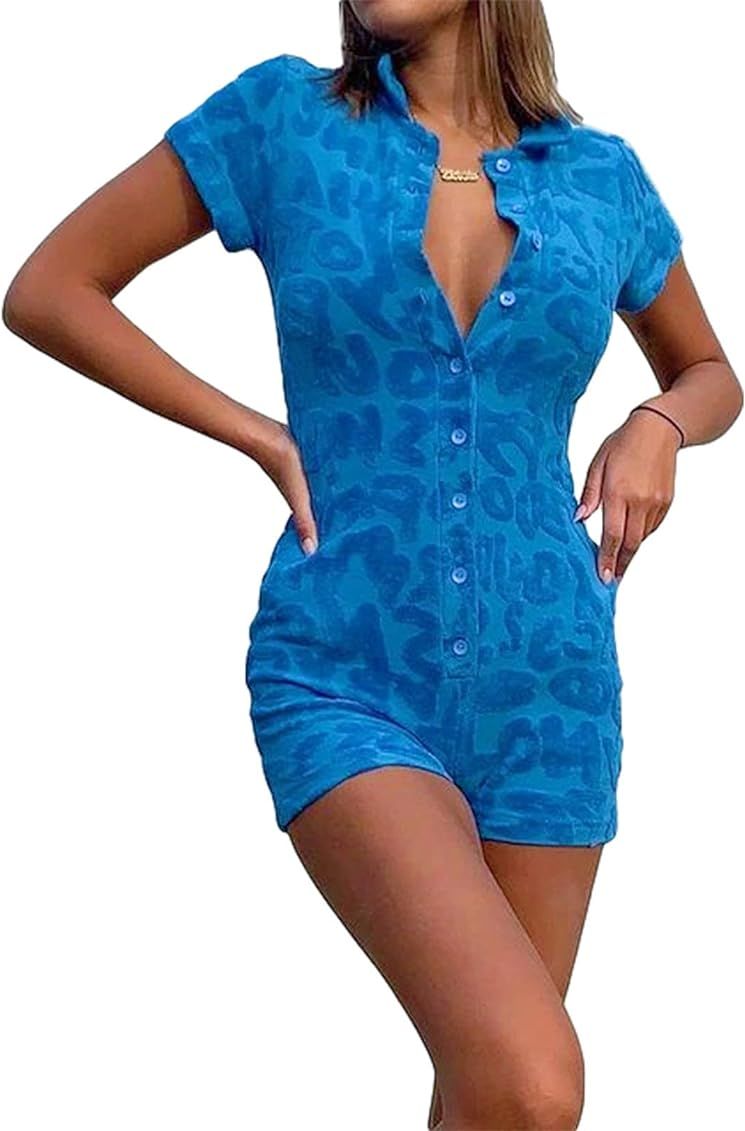 Women Jumpsuit Solid Color Short Sleeve Combi Bodysuits Bodycon Sexy Romper Overalls Shorts Y2K Play | Amazon (US)