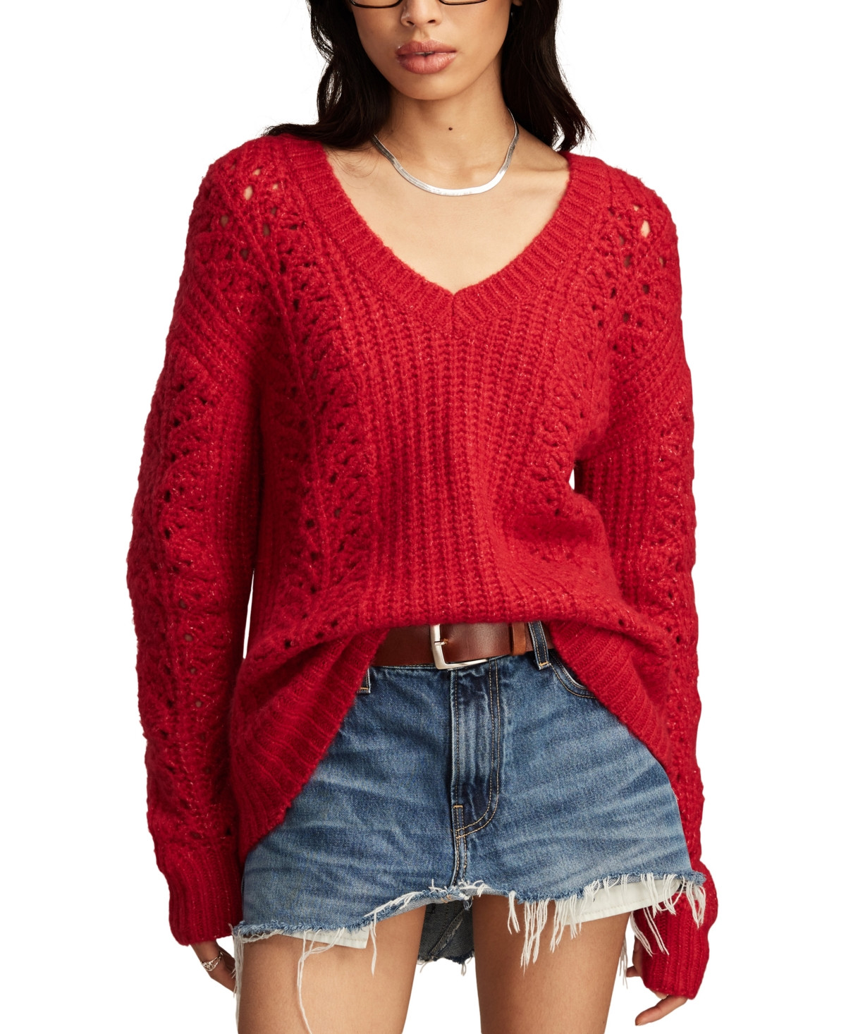 Lucky Brand Women's V-Neck Pointelle Cable Pullover - Jester Red | Macy's