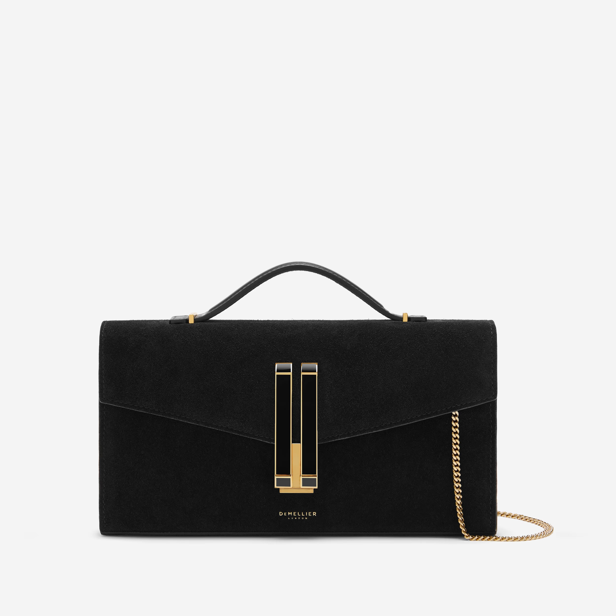 The Vancouver Clutch | Black Suede & Black Smooth Enamel Lock | DeMellier | DeMellier