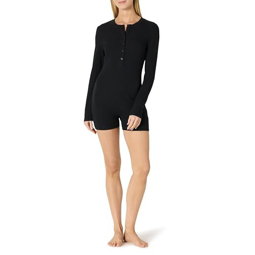 Amazon Essentials Women's Ribbed Cotton Blend Long Sleeve Lounge Romper, Black, Small | Amazon (US)