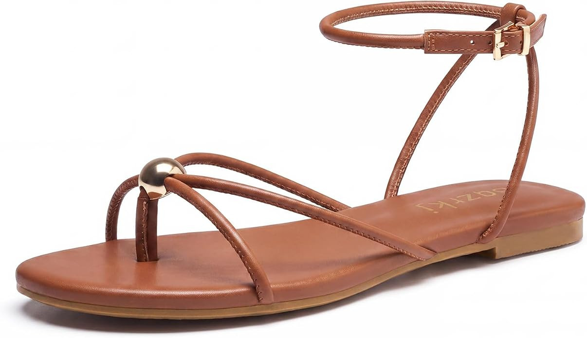 Strappy Flat Sandals for Women Comfortable Open Toe Ankle Strap Thong Sandals Summer Beach Dressy... | Amazon (US)