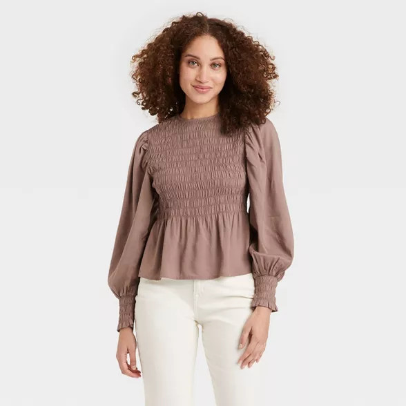 Women's Long Sleeve Smocked Top - A New Day™ Brown S | Target