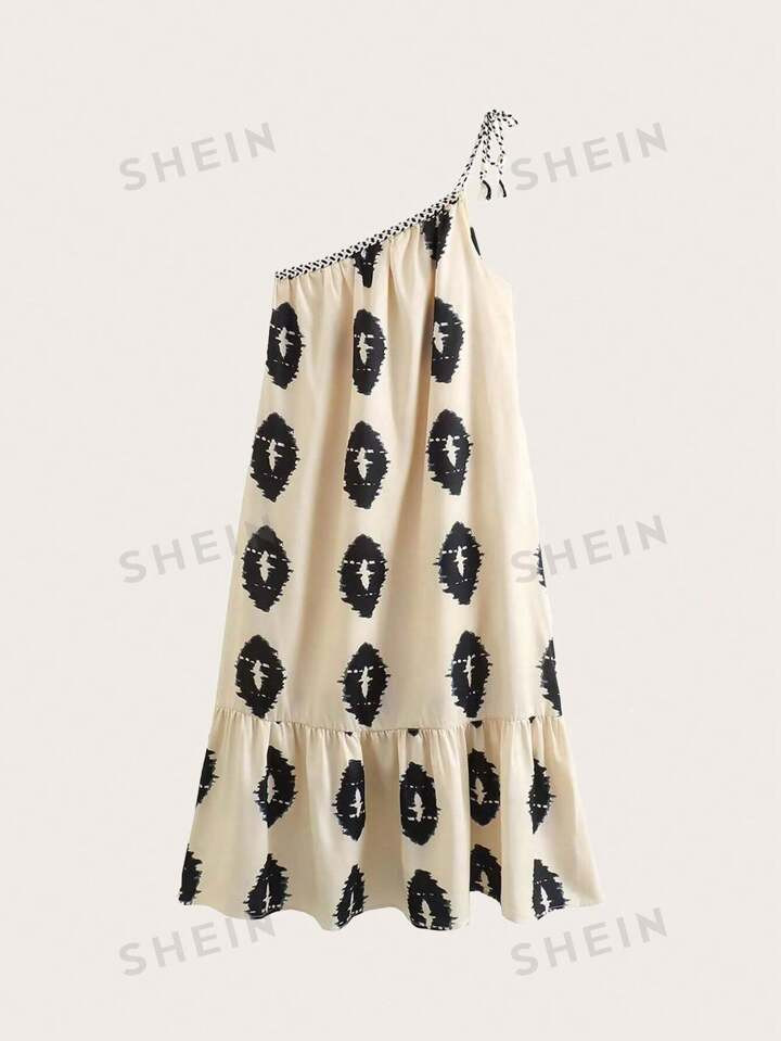 Allover Print One Shoulder Ruffle Hem Dress | SHEIN