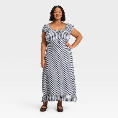 Women's Puff Short Sleeve Maxi Sundress - Universal Thread™ Navy Blue Gingham 1X | Target