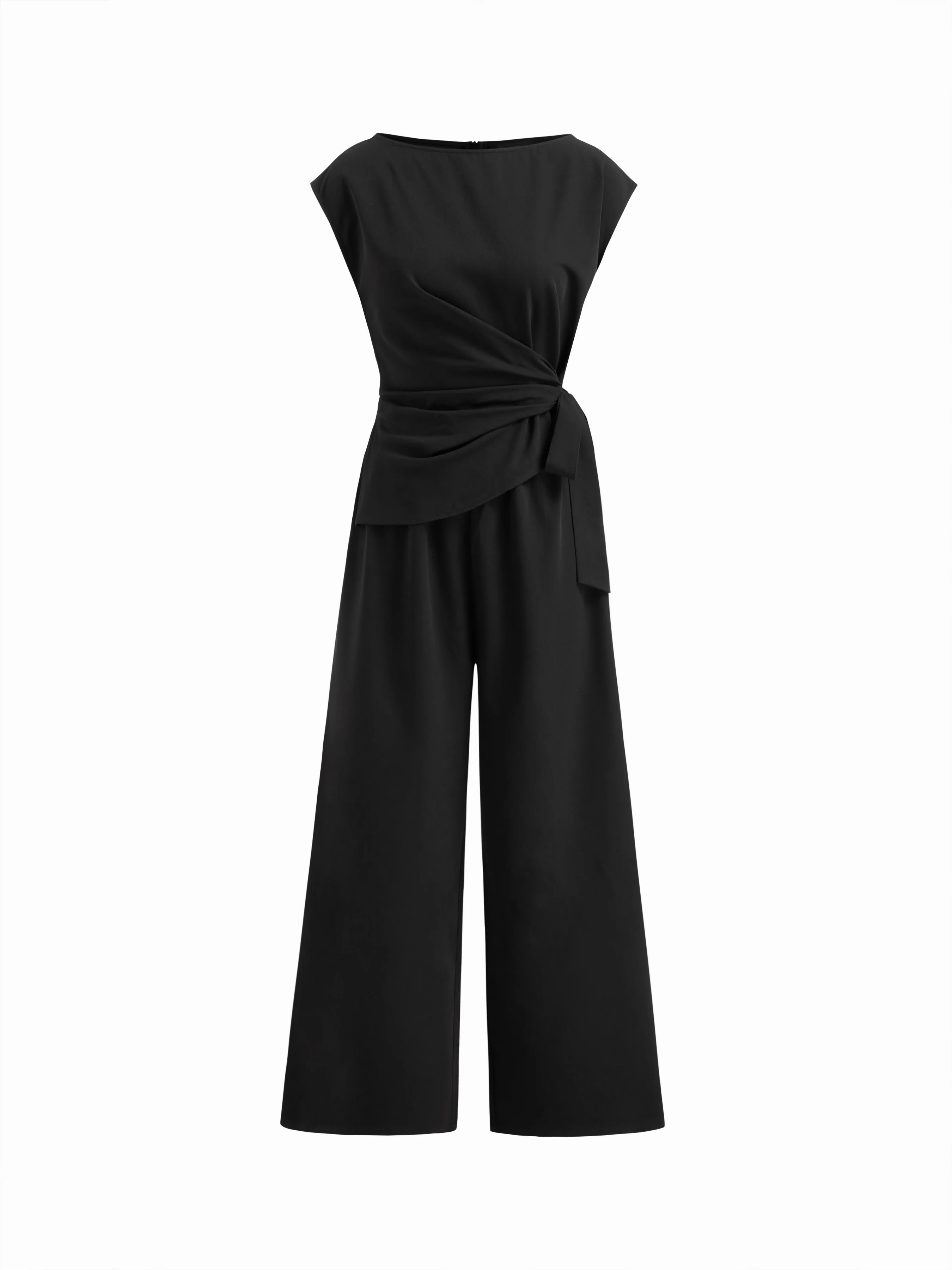 Woven Boat Neck Stripe Ruched Knotted Straight Leg Jumpsuit For Work | Cider