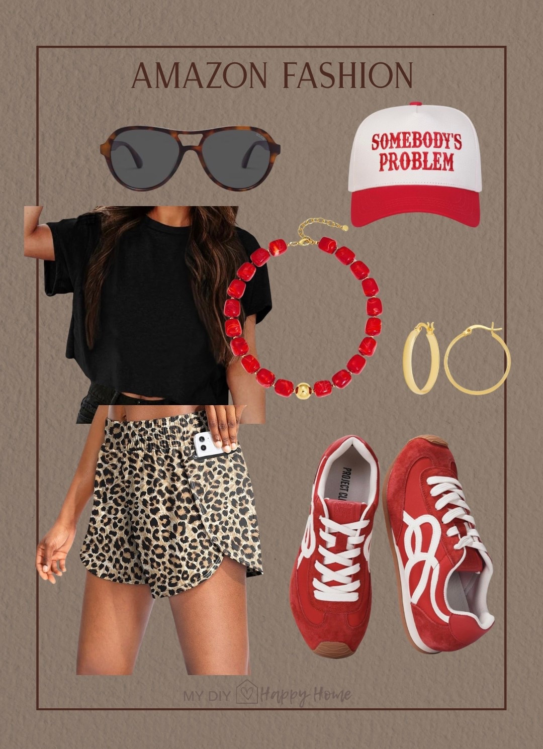 Summer outfit inspiration 

Leopard athletic shorts 
Crop t shirt 
Pops of red in the hat, beaded necklace and sneakers
Gold hoop earrings 
Aviator Sunglasses

#LTKootd #LTKSeasonal #LTKPetite