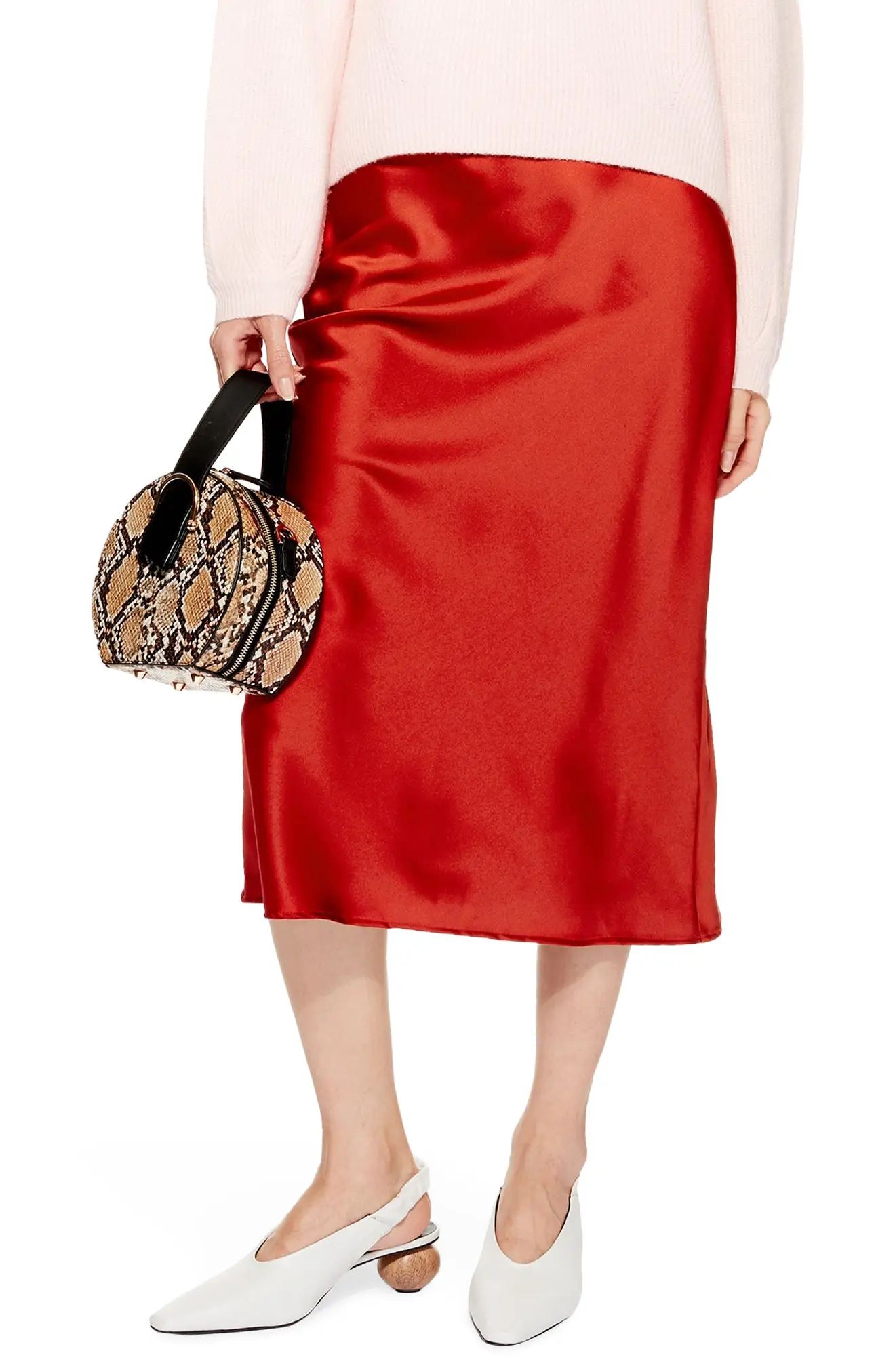 Petite Women's Topshop Satin Midi Skirt, Size 6P US (fits like 2-4P) - Red | Nordstrom