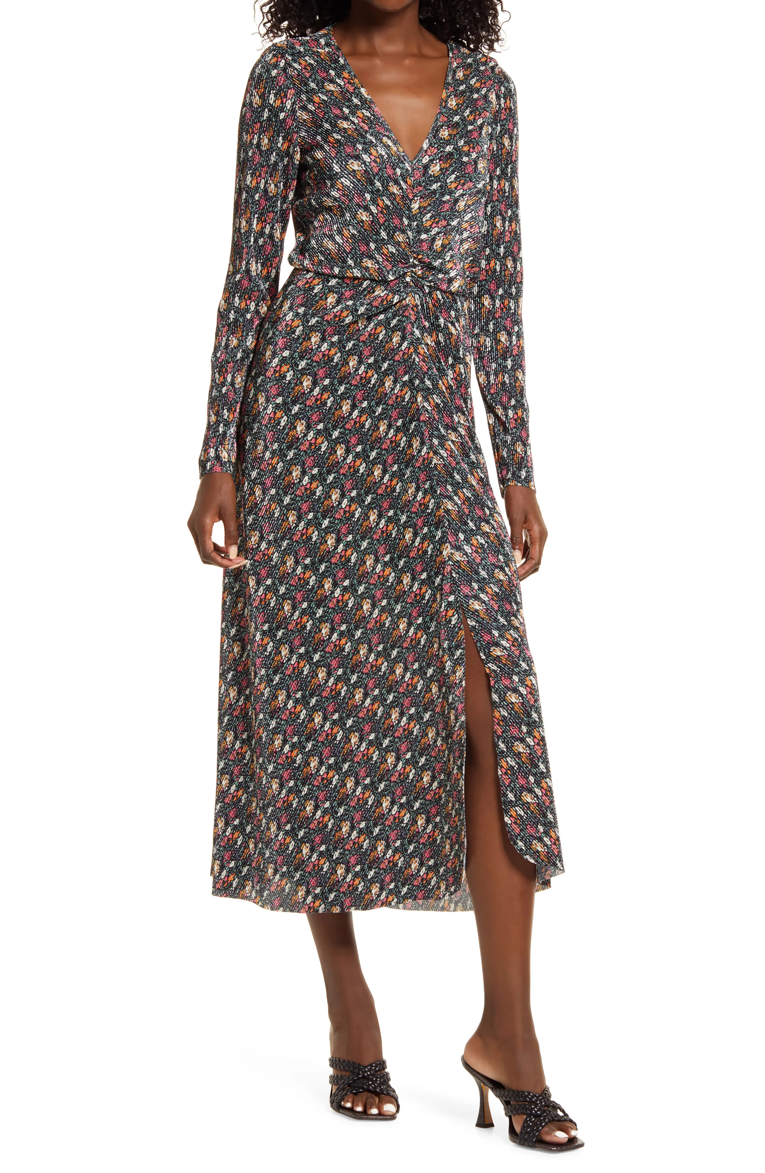 Charles Henry Long Sleeve Floral Midi Dress in Black Allover Floral at Nordstrom, Size Large | Nordstrom