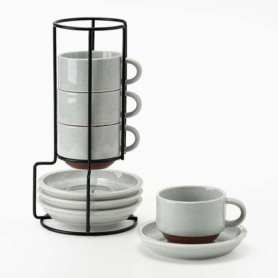 JIEMEI HOME Porcelain Stackable Cappuccino Cups with Saucers and Metal Stand, 7 Ounce Espresso Cu... | Amazon (US)