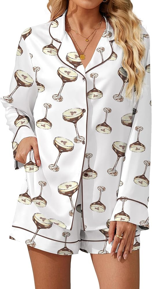 SHESHOW Satin Pajama Set for Women Button Down Long Sleeve Top and Shorts Loungewear Set Funny Pr... | Amazon (US)