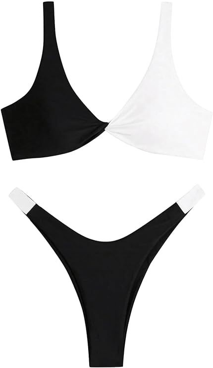 Verdusa Women's Twist Front High Cut Thong Two Piece Bikini Set Swimsuit | Amazon (US)