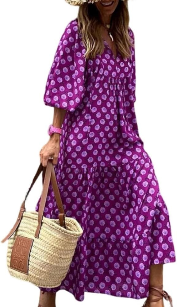 Boho Casual Loose Long Sleeve Maxi Dress for Womens Vintage Print Pleated Crewneck Flowy Baggy Lo... | Amazon (US)