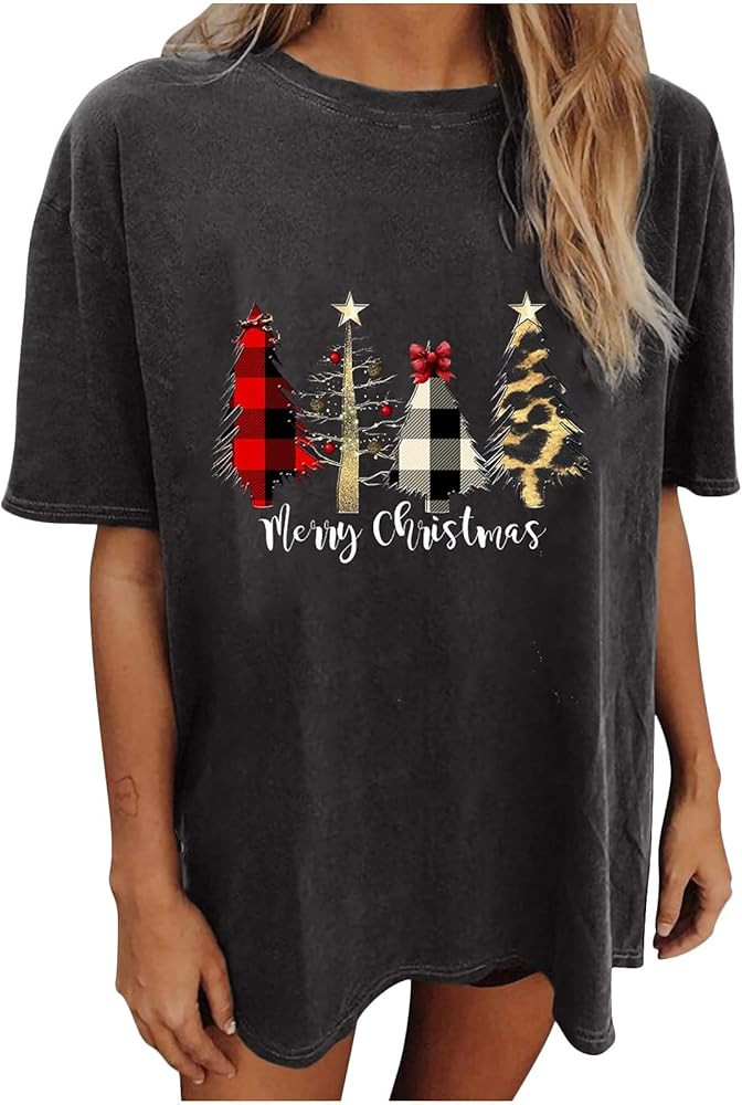 Merry Christmas Graphic T-Shirt for Women Funny Leopard Plaid Xmas Tree Letter Print Tee Plus Siz... | Amazon (US)
