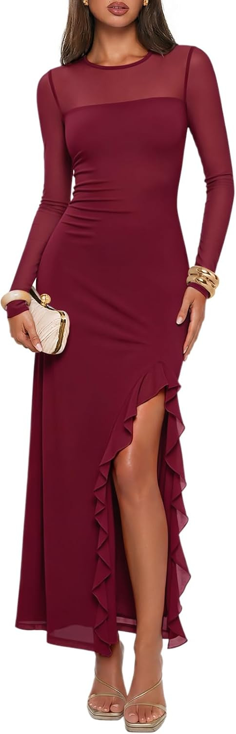 MEROKEETY Womens Fall Wedding Guest Cocktail Long Sleeve Bodycon Maxi Dress | Amazon (US)