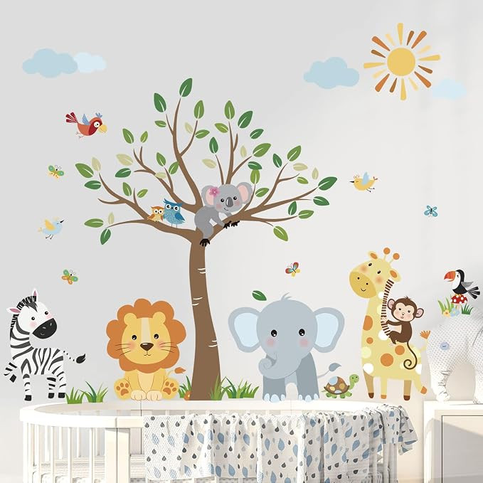 decalmile Forest Baby Animals Wall Decals Elephant Lion Giraffe Wall Stickers Baby Nursery Kids R... | Amazon (US)