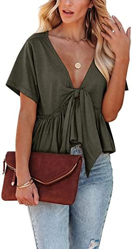 Fanway&EC Women's Short Sleeve V Neck Blouses Ruffle Hem Tie Front Crop Tops Lightweight Basic Su... | Amazon (US)