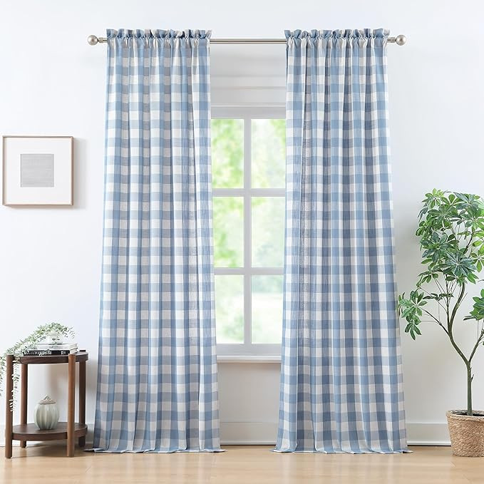 Linen-Dusty Blue Buffalo Check Curtains 95 Inches Length,Farmhouse Semi Sheer Drapes 8 FT for Bed... | Amazon (US)