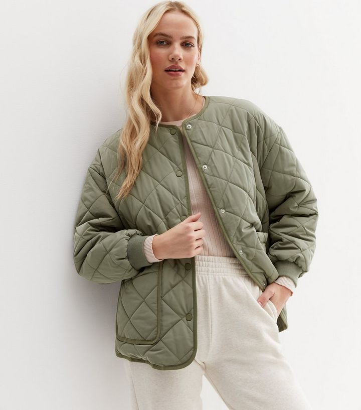 Khaki Quilted Collarless Jacket
						
						Add to Saved Items
						Remove from Saved Items | New Look (UK)