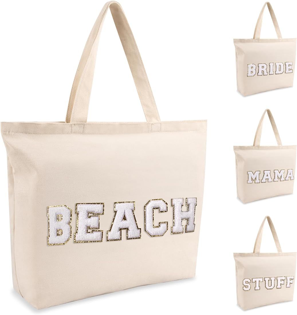 izuzta Chenille Letter Canvas Tote Beach Bag for Women Girls, Large Cute Preppy Travel Makeup Bag... | Amazon (US)