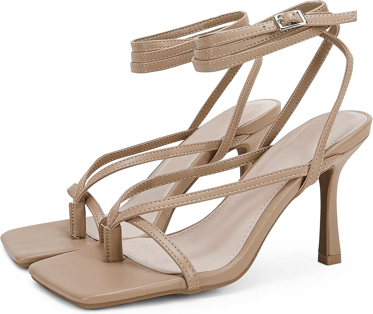 Women's Lace Up Heeled Sandals Square Open Toe Stiletto Heels Flip Flops Ankle Strap Pumps | Amazon (US)