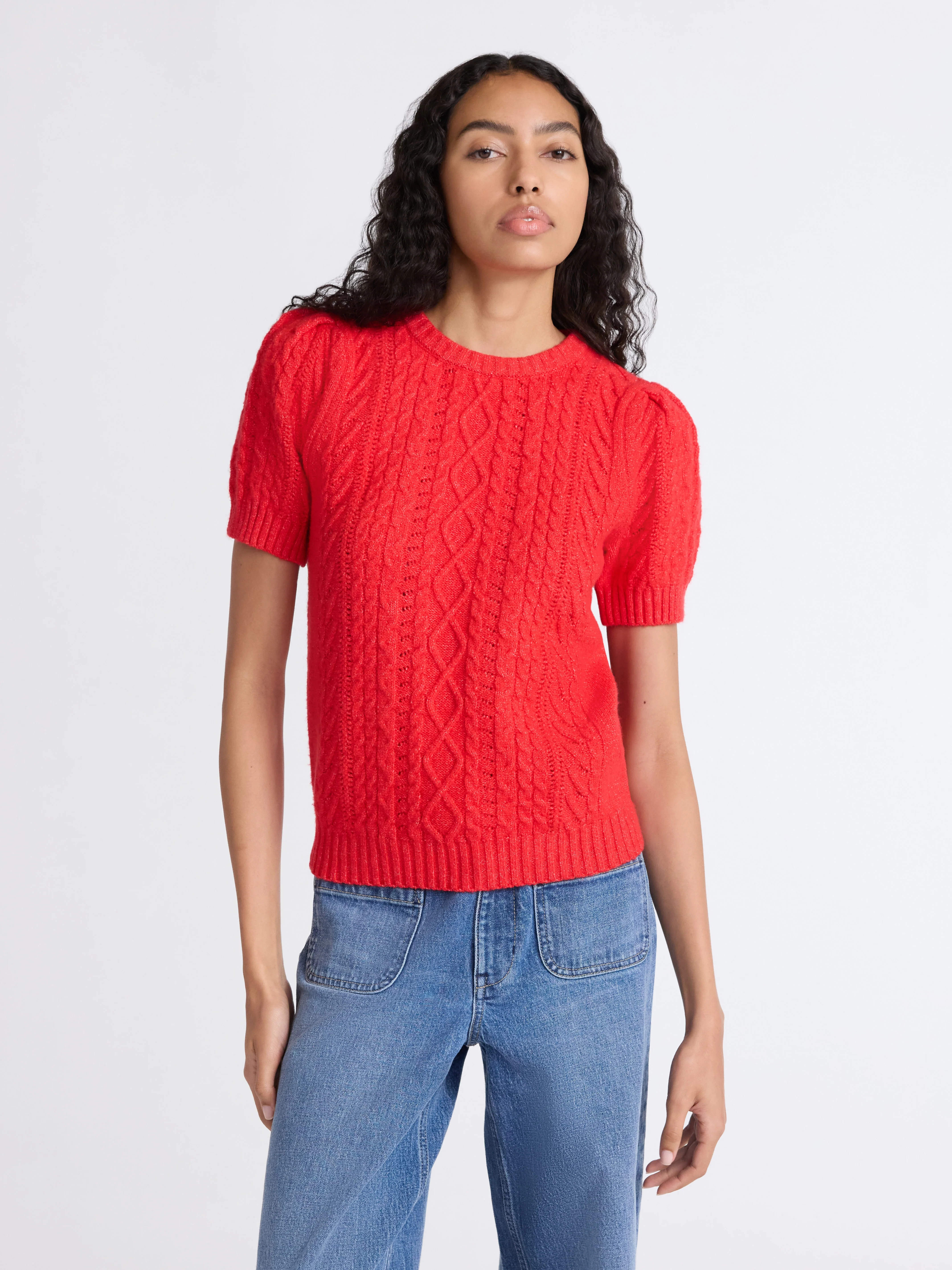 Free Assembly Women's Cable Knit Sweater with Short Puff Sleeves, Sizes XS-XXL - Walmart.com | Walmart (US)