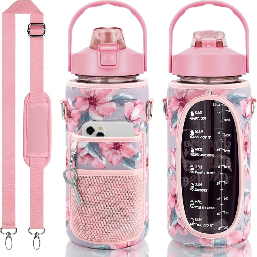 Half Gallon Water Bottle with Sleeve & Strap 64 OZ Water Bottle Motivational with Straw & Time Marke | Amazon (US)