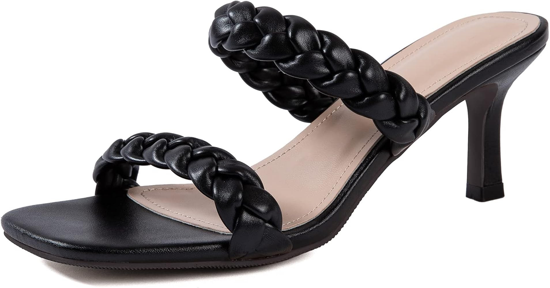 Women Heels Sandals Woven Chunky Heels Braided Nude Square Toes Leather Comfortable Strappy Dress Ca | Amazon (US)