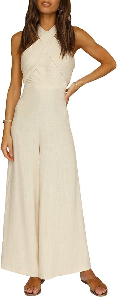 Women's Solid Color Jumpsuit Off Shoulder Sleeveless Strap Dual Use Halter or Tie Waist Sexy and Cas | Amazon (US)