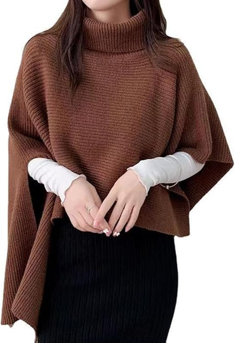 Womens Turtleneck Sweater Poncho, Asymmetrical Hem Knit Poncho Sweater, Fashion Thick Knit Cape W... | Amazon (US)