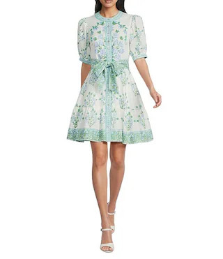 Floral Crew Neck Short Bubble Sleeve A-Line Flounce Mini Dress | Dillard's