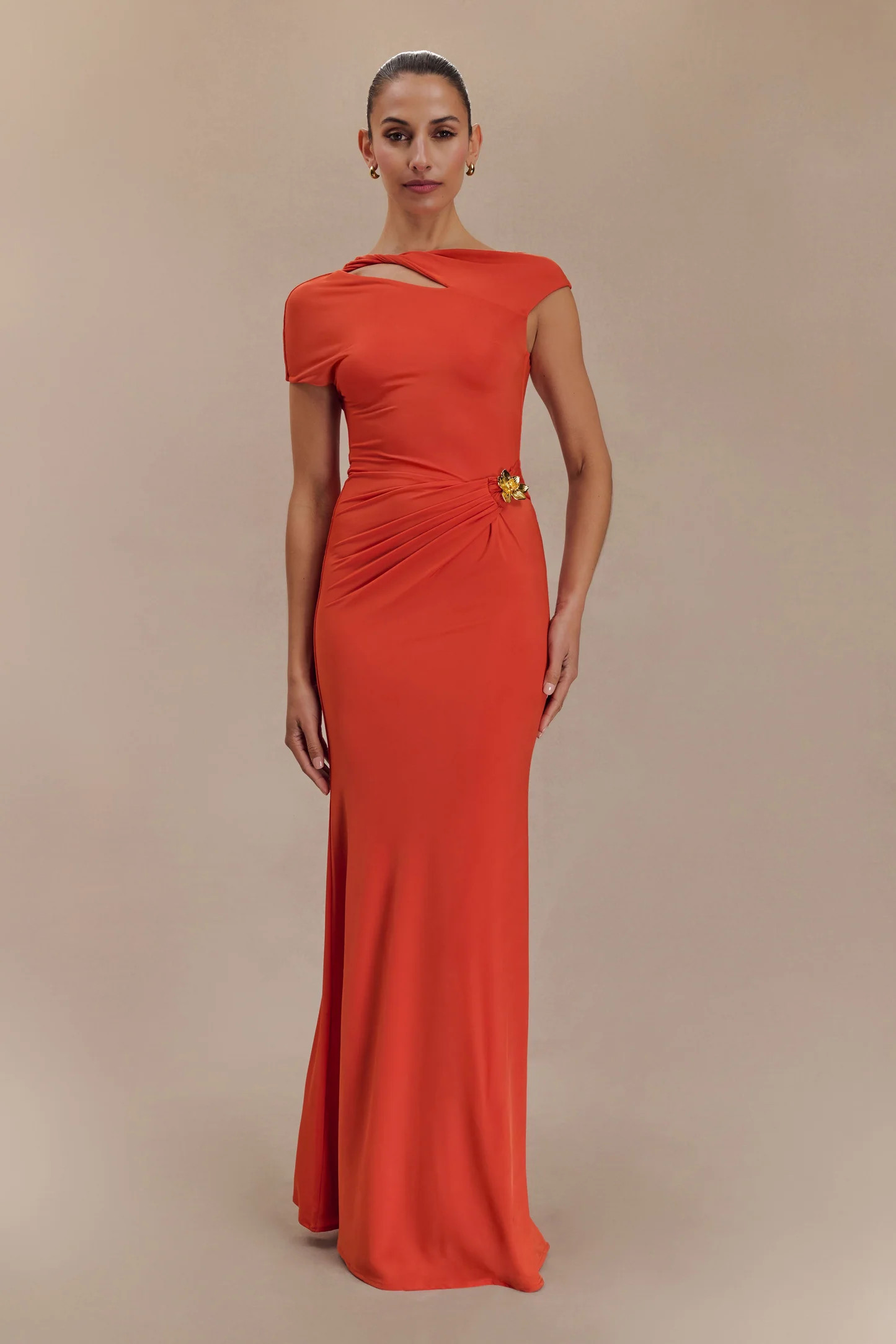 Kaida Slinky Maxi Dress With Hardware - Burnt Orange | Meshki UK