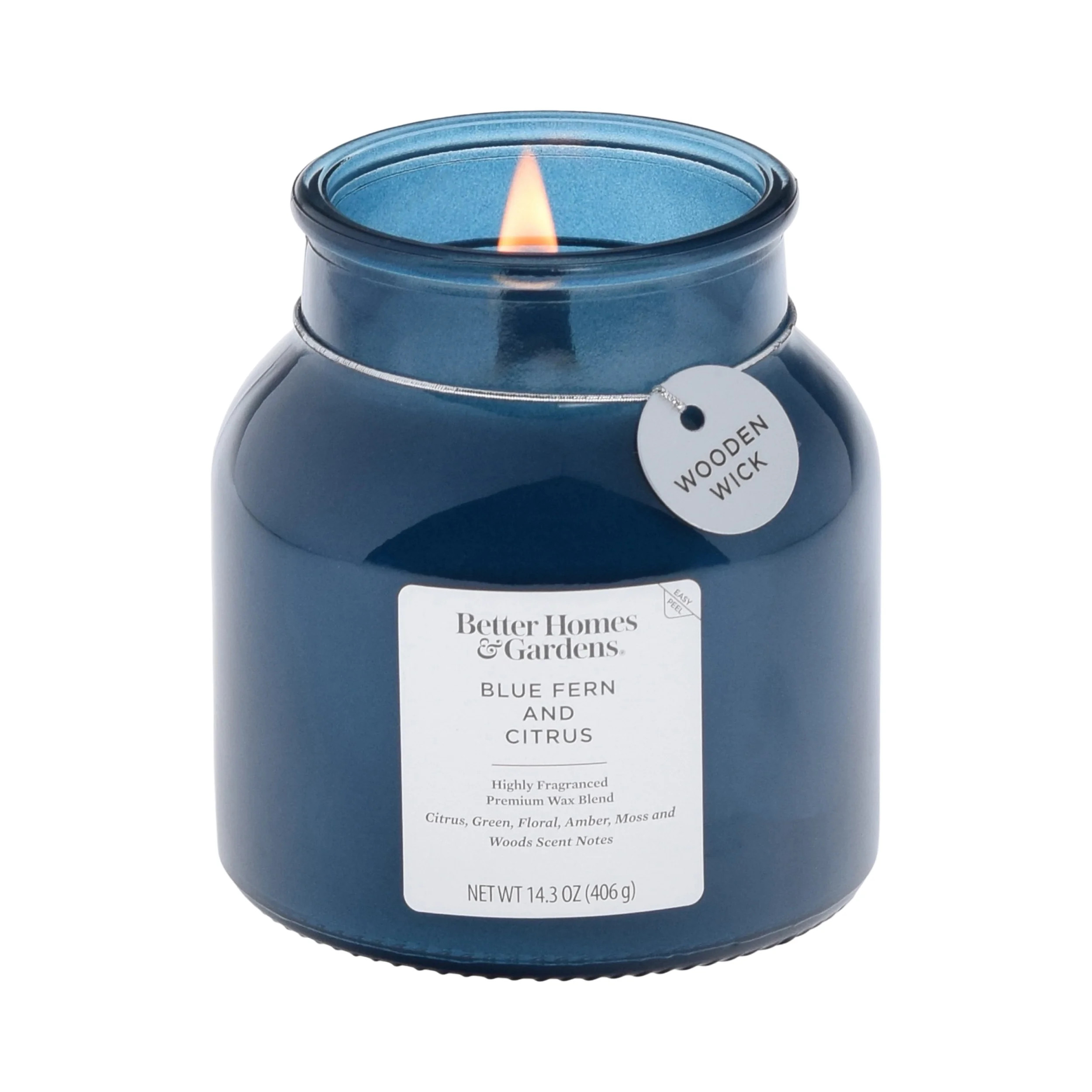 Better Homes & Gardens Blue Fern and Citrus Scented Wooden Wick 14.3oz Jar Candle | Walmart (US)