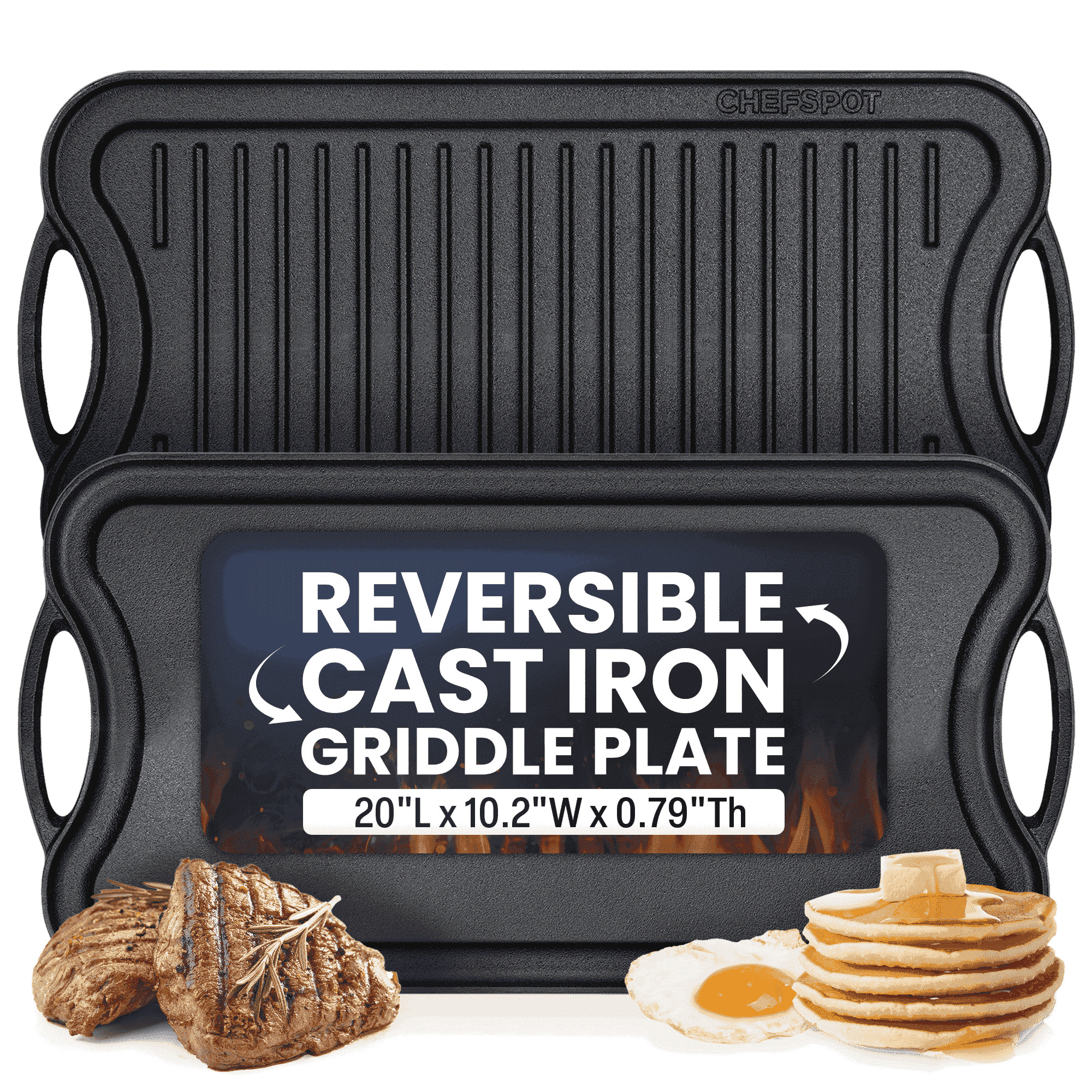CHEFSPOT Preseasoned Cast Iron Reversible Grill Griddle Plate Pan - 20", Black, Hand Wash | Walmart (US)