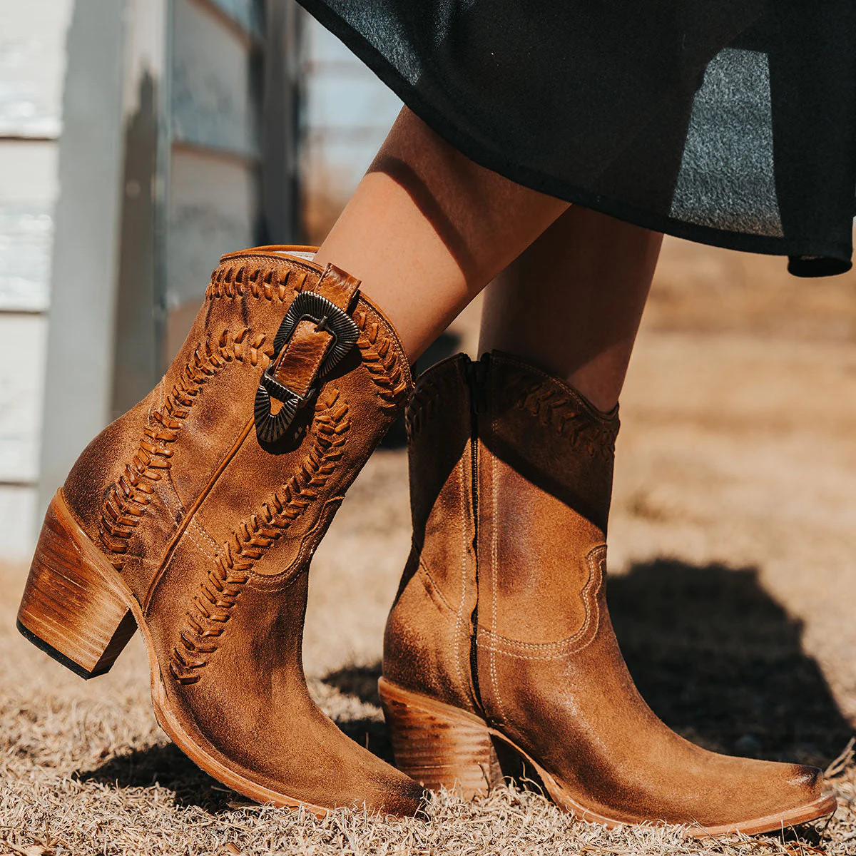 FREYA Women's Suede Braided Boot Cognac | Freebird Stores | Shop Women's Cognac Braided Suede Boo... | Freebird