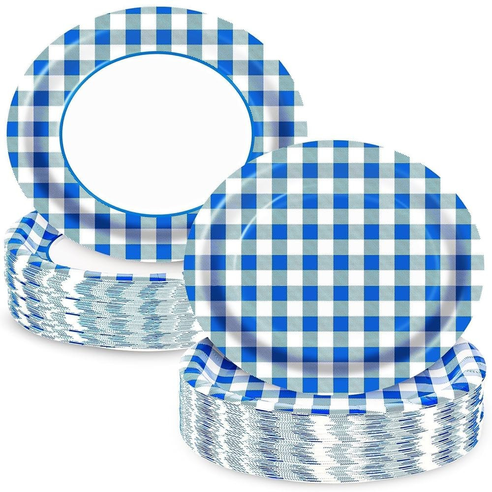 Blue Gingham Oval Paper Plates 10" x 12",Large Disposable Heavy Duty Paper Plates Blue and White ... | Amazon (US)