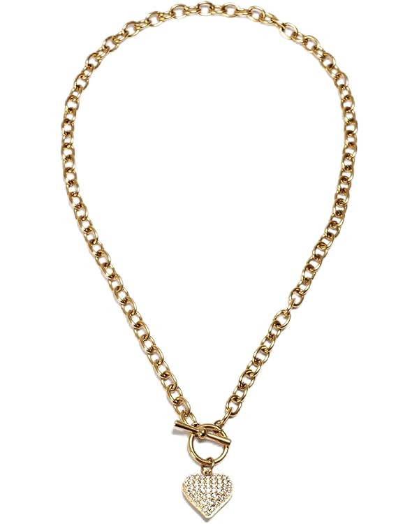 Gold Chain Toggle Necklace with Crystal Heart Pendant, Statement Jewelry for Women, Bold Link Des... | Amazon (US)