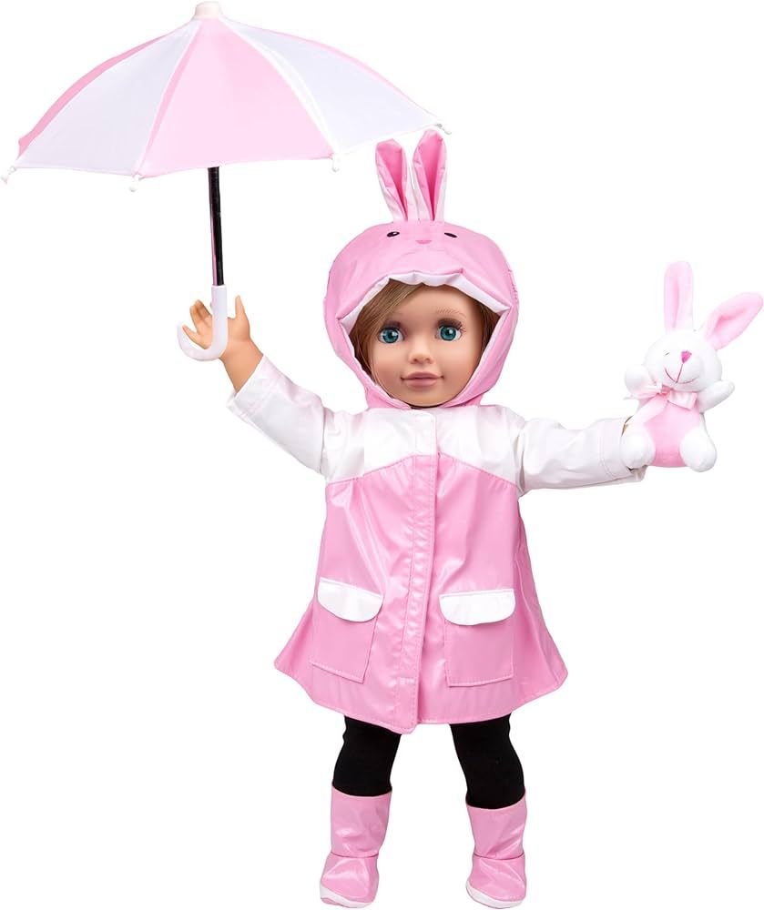 Dress Along Dolly Easter Bunny Raincoat w Umbrella (4 pc Set) for 18" Dolls- Premium Handmade Clothes & Accessories Costume Includes Raincoat, Umbrella, Boots & Rabbit- Great Easter Basket Stuffer | Amazon (US)