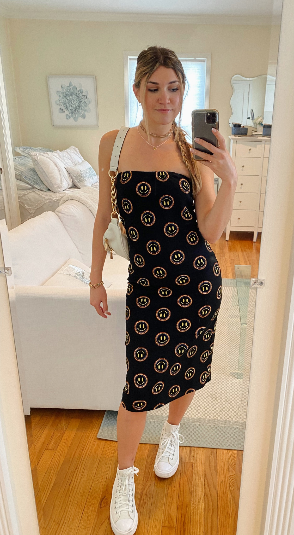 Spring outfit! Sleeveless dress, graphic print, white purse, white sneakers outfit, trendy outfit, gold jewelry, braids hairstyle

#LTKSeasonal #LTKFind #LTKstyletip