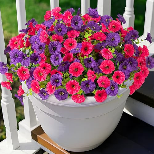 Artificial Flowers for Outdoors Decoration, 10 Bundles Fake Plastic Flower Plant, Faux Colorful Silk Morning Glory Petunias for Spring Summer Outside Garden Porch Front Door Decor, Hot Pink Purple | Amazon (US)