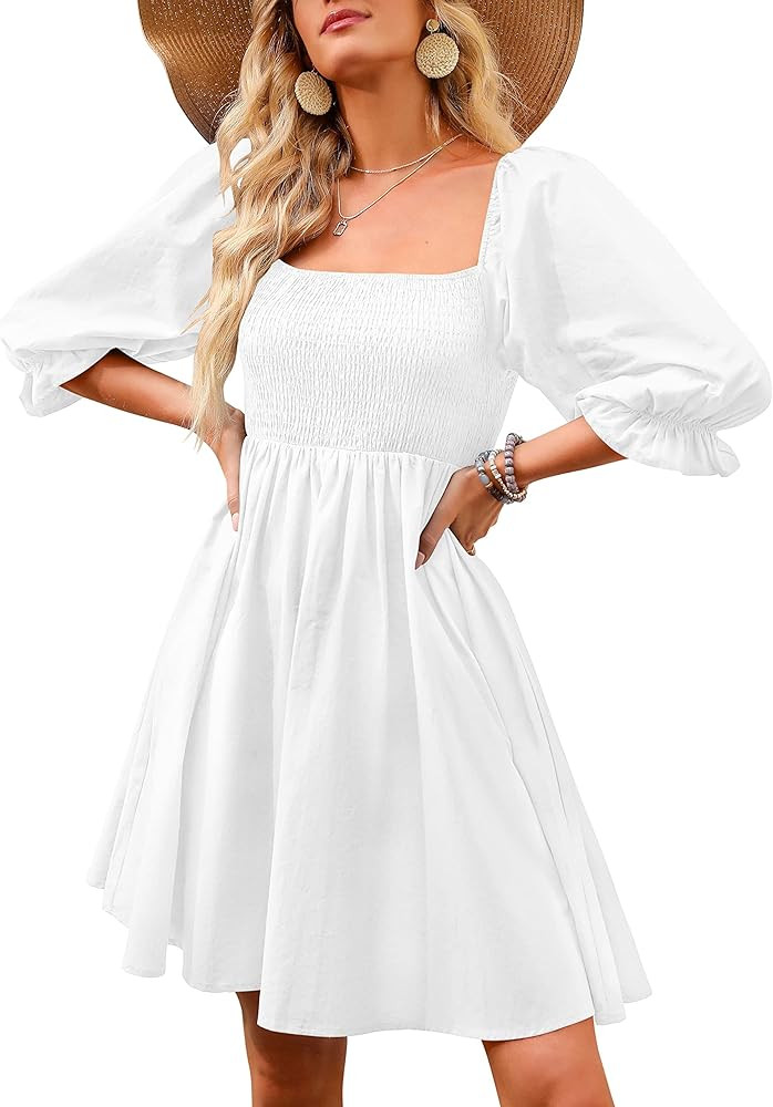 ANRABESS Womens 3/4 Puff Sleeve Square Neck Smocked Babydoll Dress Cute A Line Flowy Short Mini D... | Amazon (US)