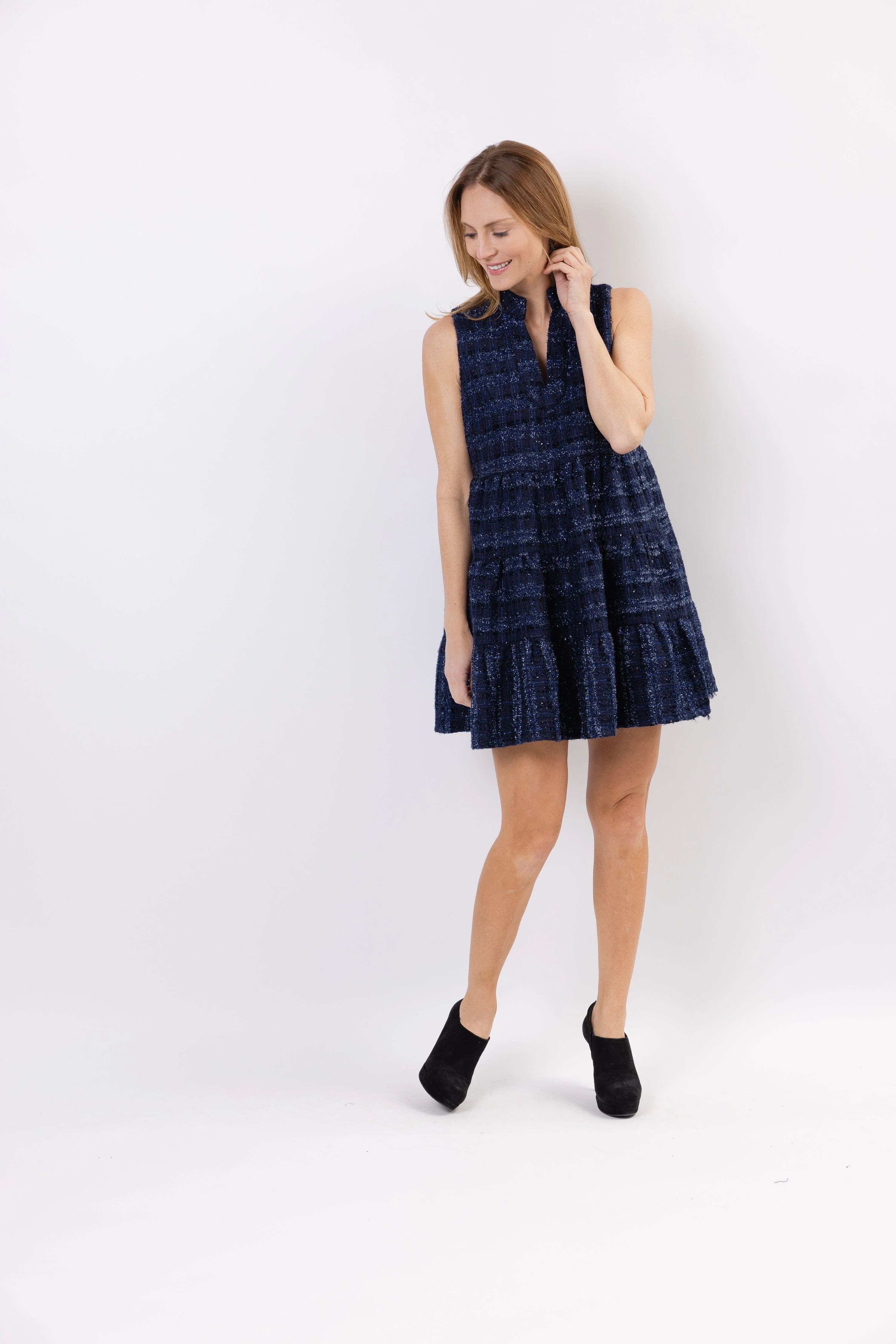 Navy Sparkle Tweed Sleeveless FIt & Flare Tunic Dress | Sail to Sable