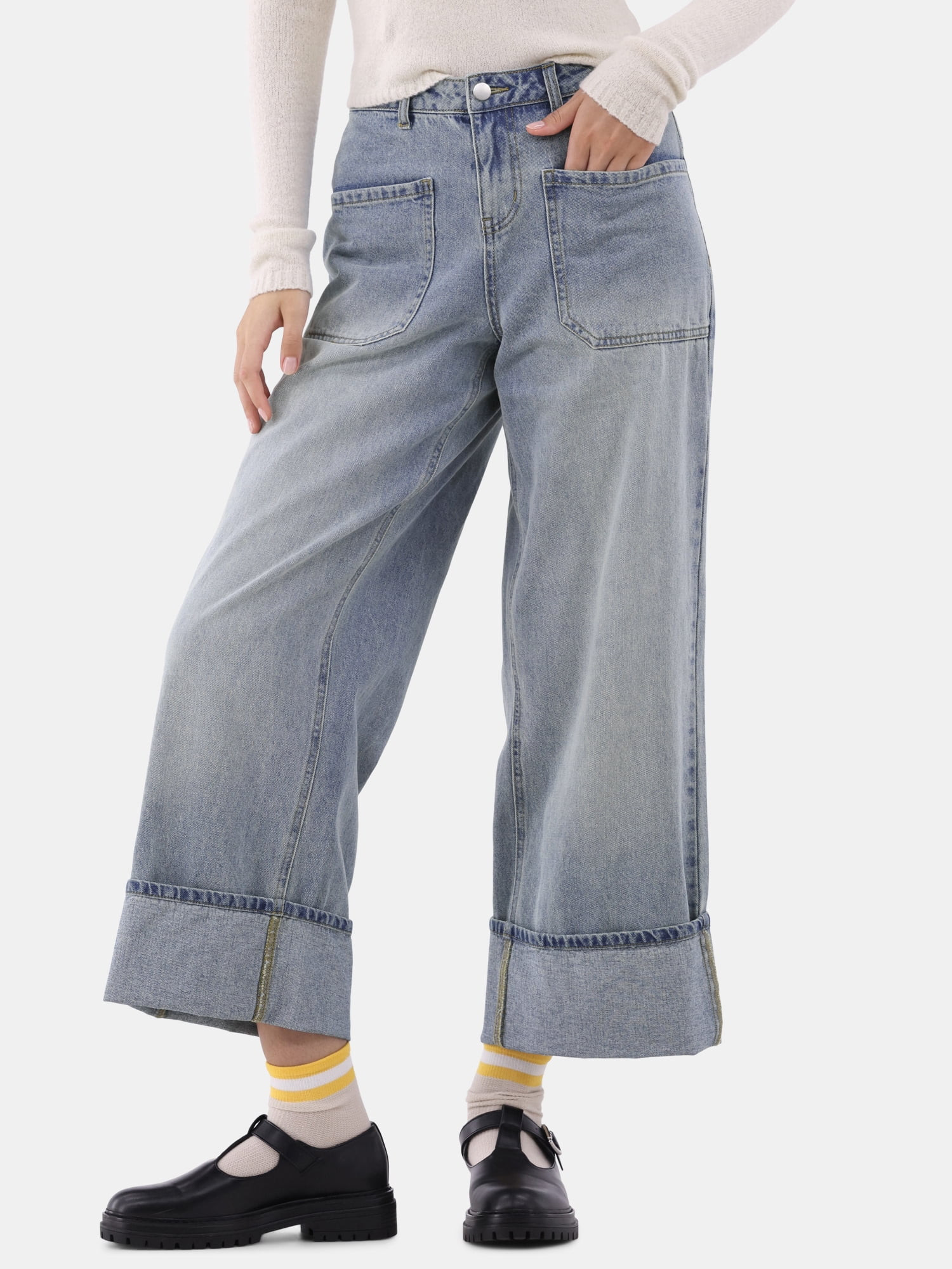 No Boundaries Cuffed Wide Jeans, 32” Inseam, Women’s - Walmart.com | Walmart (US)