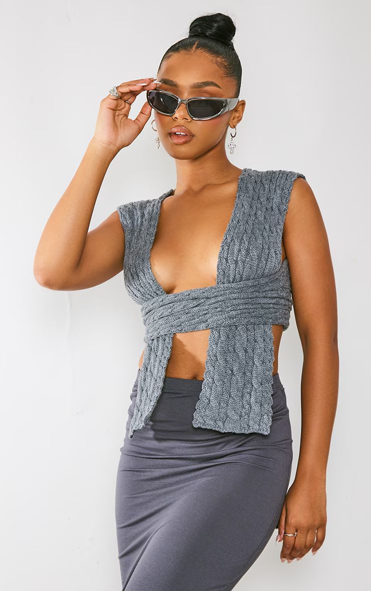 Grey Cable Knit Wrap Multi Way Top | Pretty Little Thing (Australia & New Zealand)