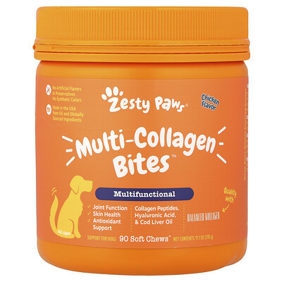 Zesty Paws, Multi-Collagen Bites™, Multifunctional, For Dogs, All Ages, Chicken, 90 Soft Chews, 11.1 oz (315 g) | iHerb